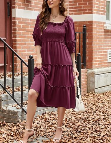 JASAMBAC Women's Fall Dresses 2024 Casual Square Neck 3/4 Sleeve Smocked High Waist Ruffle Tiered Flowy A Line Midi Dress in Saudi Arabia