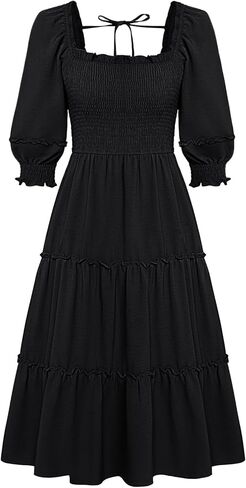 فساتين JASAMBAC النسائية لخريف 2024، رقبة مربعة غير رسمية، 3/4 كم، عالية الخصر، كشكشة، متدرجة، فستان متوسط ​​الطول على شكل حرف A in Kuwait