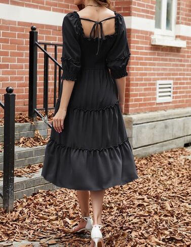 فساتين JASAMBAC النسائية لخريف 2024، رقبة مربعة غير رسمية، 3/4 كم، عالية الخصر، كشكشة، متدرجة، فستان متوسط ​​الطول على شكل حرف A in Kuwait