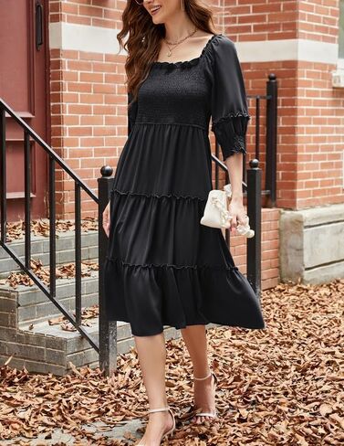 فساتين JASAMBAC النسائية لخريف 2024، رقبة مربعة غير رسمية، 3/4 كم، عالية الخصر، كشكشة، متدرجة، فستان متوسط ​​الطول على شكل حرف A in Kuwait