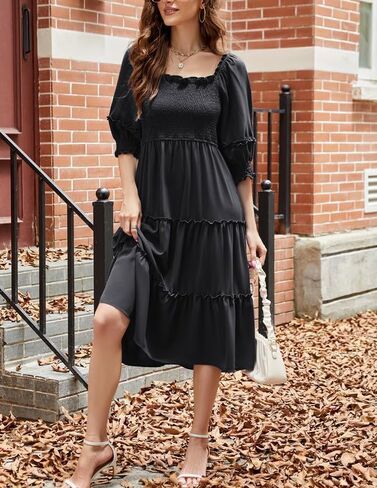 فساتين JASAMBAC النسائية لخريف 2024، رقبة مربعة غير رسمية، 3/4 كم، عالية الخصر، كشكشة، متدرجة، فستان متوسط ​​الطول على شكل حرف A in Kuwait