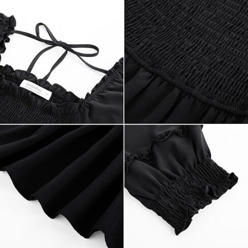 فساتين JASAMBAC النسائية لخريف 2024، رقبة مربعة غير رسمية، 3/4 كم، عالية الخصر، كشكشة، متدرجة، فستان متوسط ​​الطول على شكل حرف A in Kuwait