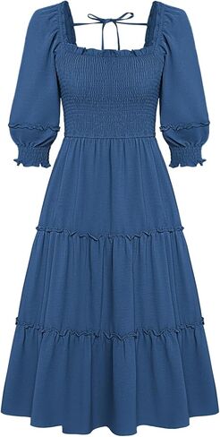 JASAMBAC Women's Fall Dresses 2024 Casual Square Neck 3/4 Sleeve Smocked High Waist Ruffle Tiered Flowy A Line Midi Dress in Saudi Arabia
