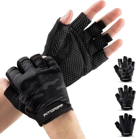 Fitgriff Workout Gloves (Padded) for Men & Women - Fingerless Gym Gloves for Weight Lifting, Pull-ups, Pushups, Training - Full Palm Protection (Black, Size 8) in Saudi Arabia
