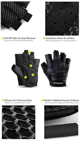 Fitgriff Workout Gloves (Padded) for Men & Women - Fingerless Gym Gloves for Weight Lifting, Pull-ups, Pushups, Training - Full Palm Protection (Black, Size 8) in Saudi Arabia