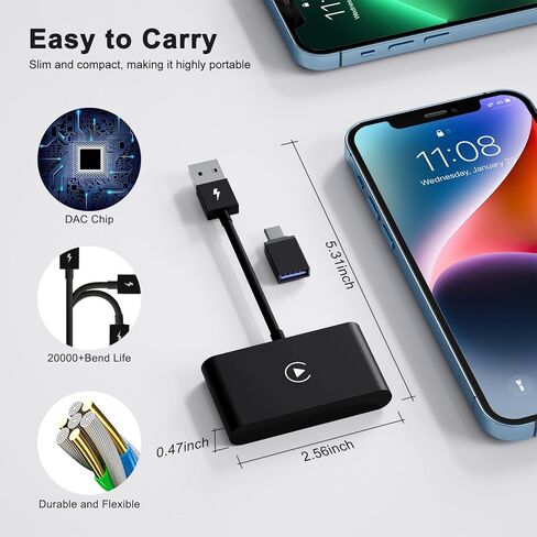 Wireless CarPlay Adapter，2024 Upgraded Wired CarPlay Convert Cars Wireless CarPlay Adapter, CarPlay Wireless Adapter, Plug & Play Instant 5GHz WiFi Connect to iPhone iOS 10+, Fit for Cars from 2016 in Saudi Arabia