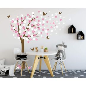 Huge Cherry Blossom Tree Blowing in The Wind Wall Decals Nursery Tree Flowers Butterfly Art Baby Kids Room Wall Sticker Wall Décor