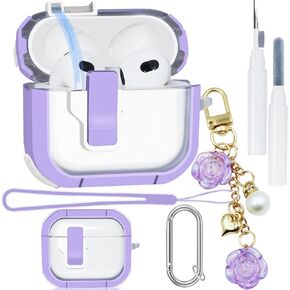 5in1 Clear 3st Case for AirPods 3 Generation Case Purple Cover Set, Automatic Snap Switch Secure Lock Case for Apple Airpod 3 Case with Silicone Wrist Strap Cute Flower Keychain for Women Girl 2021