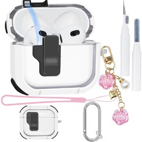 5in1 Clear 3st Case for AirPods 3 Generation Case Purple Cover Set, Automatic Snap Switch Secure Lock Case for Apple Airpod 3 Case with Silicone Wrist Strap Cute Flower Keychain for Women Girl 2021 in Kuwait