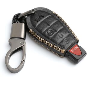 Leather for IYZ-C01C Chrysler 300 Town & Country Dodge Challenger Durango Grand Caravan Journey Magnum Ram 1500 2500 3500 Jeep Grand Cherokee 4 Buttons Key Fob Case Cover Chain