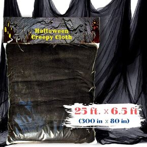 Halloween Creepy Cloth (25ft x 6.5ft). Best Giant Spooky Black Cheese Gauze Fabric for Home, Wall, Office, & Party Decorations. Indoor & Outdoor Scary Large Backdrop Decor (Black)