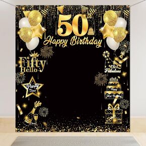 50th Birthday Decorations Banner, Large 50th Birthday Backdrop for Photo Booth Props, Black and Gold Fifty Birthday Decorations 50th Birthday Photo Backdrop for Men Women Outdoor Indoor