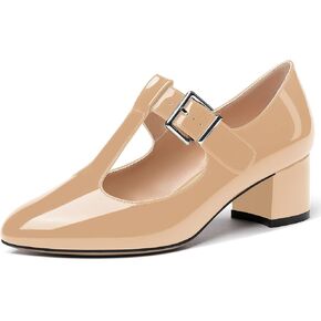 MERRORI Women's Buckle Round Toe T Strap Block Solid Patent Block Low Heel Pumps Shoes 2 Inch