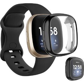 [Band + Case] for Fitbit Versa 3 Bands/Fitbit Sense Silicone Bands for Women Men, TPU Screen Protector Case for Fitbit Versa 3 / Sense