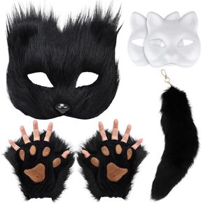 Cat Therian Mask and Tail Set, Animal Mask Furry Therian Fox Mask Wolf Mask, White Cat Mask Half Mask for Masquerade
