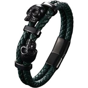 Skull Bracelet with Braided Leather, Black/Silver Skeleton Bracelet, Stainless Steel Mens Punk Jewelry in Kuwait