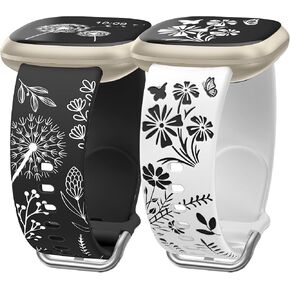 Wearlizer 2 Packs Floral Engraved Band Compatible with Fitbit Versa 4 Bands/Versa 3 Bands/Sense 2/Sense Bands Women, Cute Two-Tone Flower Soft Silicone Sport Strap for Versa 3 4 Sense 2 Watch Band