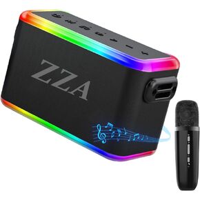 ZZA Portable Karaoke Machine with Bluetooth, 2 Wireless Microphones, Sound Effects, TF/USB, LED Lights, for Kids & Adults, Indoor/Outdoor Home Parties, Black