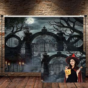 10X8FT, Halloween Backdrop, Horror Gloomy Graveyard Iron Gate Full Moon Night Scene Decor Photography Background, Spooky Cemetery Halloween Party Decoration Photo Booth Props