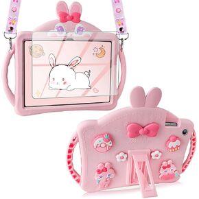 VOFUOE for Samsung Galaxy Tab A8 Case for Kids Girls for Galaxy Tab A8 Case 10.5 Inch with Screen Protector Shoulder Straps Handle Rabbit Soft Silicone Tablet Cover for Galaxy Tab A8 2022-Pink
