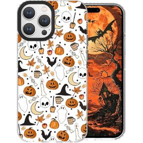 Halloween Phone Case Compatible with iPhone 15 Pro Max,Broom Pumpkin Ghost Skull Bat Pattern Designed Anti-Yellowing Soft TPU + Black Camera Frame Protection Non-Slip Shockproof Bumper Cover