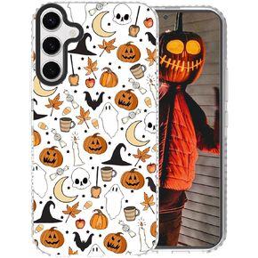 Halloween Phone Case Compatible with iPhone 15 Pro Max,Broom Pumpkin Ghost Skull Bat Pattern Designed Anti-Yellowing Soft TPU + Black Camera Frame Protection Non-Slip Shockproof Bumper Cover
