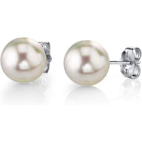 THE PEARL SOURCE 18K Gold Round White Akoya Cultured Pearl Stud Earrings for Women