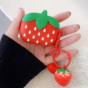 LUVI Compatible with AirPods Pro Cute Case Silicone 3D Strawberry Fruit Soft Funny Sweet with Keychain Unique Full Body Protective Shockproof Cover for Girls Women