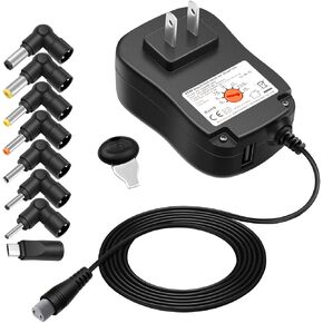 Powseed 45W 5V 6V 7.5V 9V 12V 13.5V 15V 3A DC Power Supply Cord Universal AC Adapter USB Wall Charger 5V 2A for Phone Security Camera Router Speaker Webcam HUB, 8 Tips 5.5x2.1mm/5.5x2.5mm Micro USB