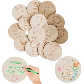 14pcs Monthly Baby Milestone Signs Woodland Animal Milestone Wooden Circles Pregnancy Journey Month Marker Discs Newborn Announcement with Hello Little one one Week and 1-12 Months Milestone Cards
