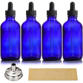 4 Pack, 4oz Glass Amber Dropper Bottles w/ 2 Extra 1mL Calibrated Glass Droppers & 1 Funnel & 4 Labels - 120ml Dark Brown Tincture Bottles w/ Eye Droppers - Leakproof Travel Bottles for Essential Oils