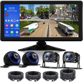 4K RV Backup Camera System 10.36" Quad Split Touch Screen Monitor with 4 AHD 1080P Rear Side View Camera, DVR Recording Bluetooth MP3 MP5 Night Vision IP69 Waterproof for RV Truck Trailer Tractor