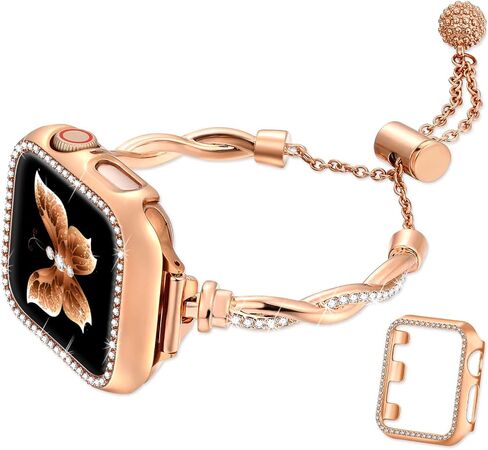 Dilando Bling Band and Case Compatible with Apple Watch Band 38mm 40mm 41mm 44mm 45mm 42mm Women, Slim Dressy Metal Bracelet Strap Rhinestone Bumper for Iwatch SE & Series 9 8 7 6 5 4 3 2 1(Gold,40mm) in Saudi Arabia