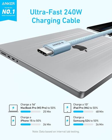 كابل Anker Zolo USB C إلى USB C، كابل شحن سريع 240 واط (6 أقدام، أبيض) | موصل رفيع مجدول وخالي من الأوساخ، لسلسلة iPhone 17 وMacBook والمزيد in Kuwait