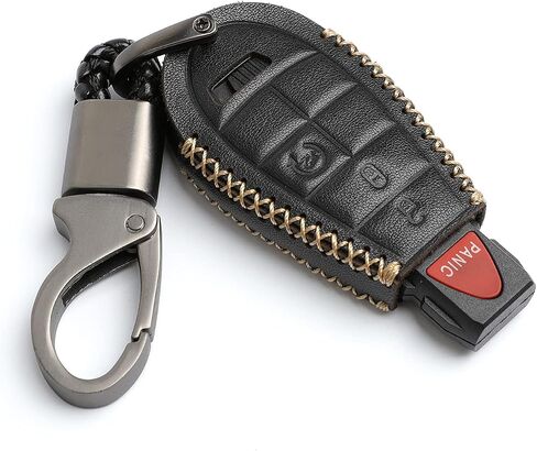Leather for IYZ-C01C Chrysler 300 Town & Country Dodge Challenger Durango Grand Caravan Journey Magnum Ram 1500 2500 3500 Jeep Grand Cherokee 4 Buttons Key Fob Case Cover Chain in Saudi Arabia