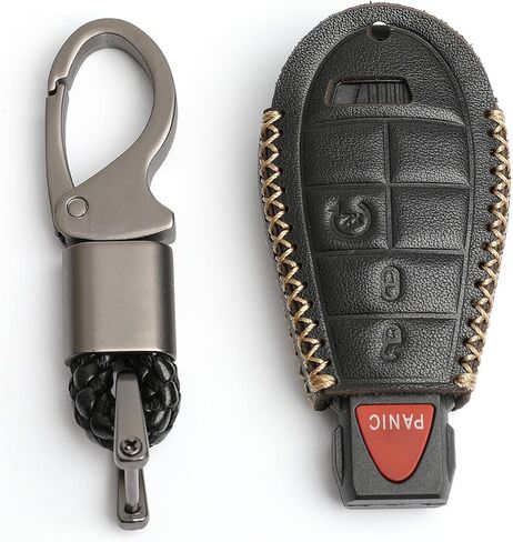 Leather for IYZ-C01C Chrysler 300 Town & Country Dodge Challenger Durango Grand Caravan Journey Magnum Ram 1500 2500 3500 Jeep Grand Cherokee 4 Buttons Key Fob Case Cover Chain in Saudi Arabia