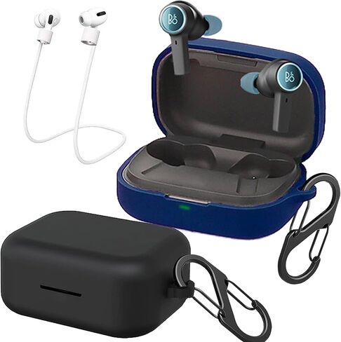 [2 Pack] easyBee Case Compatible with Beoplay EX Earbuds Charging Cover, with 2 Keychain and 2 Anti-Lost Strap, Soft Liquid Silicone Ultra Thin Shockproof Protective Kit - Black Blue in Saudi Arabia