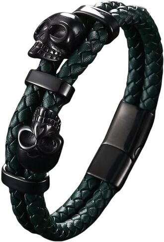 Skull Bracelet with Braided Leather, Black/Silver Skeleton Bracelet, Stainless Steel Mens Punk Jewelry in Kuwait