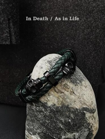 Skull Bracelet with Braided Leather, Black/Silver Skeleton Bracelet, Stainless Steel Mens Punk Jewelry in Kuwait