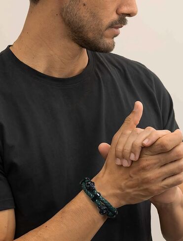 Skull Bracelet with Braided Leather, Black/Silver Skeleton Bracelet, Stainless Steel Mens Punk Jewelry in Kuwait