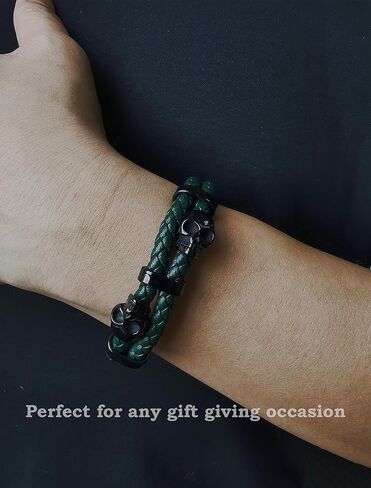 Skull Bracelet with Braided Leather, Black/Silver Skeleton Bracelet, Stainless Steel Mens Punk Jewelry in Kuwait