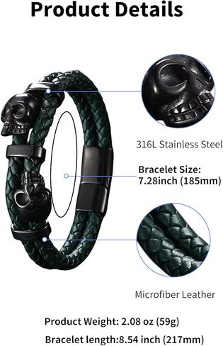 Skull Bracelet with Braided Leather, Black/Silver Skeleton Bracelet, Stainless Steel Mens Punk Jewelry in Kuwait