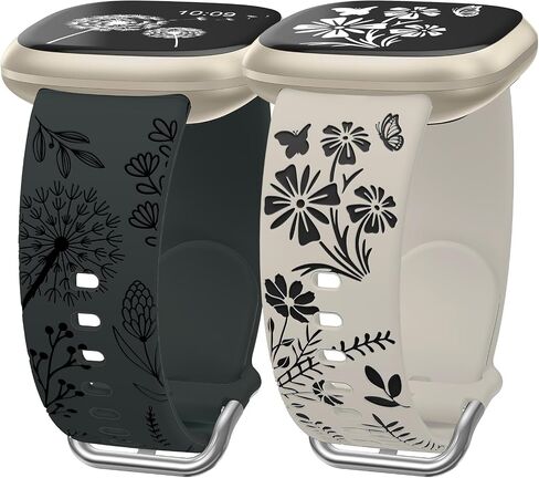 Wearlizer 2 Packs Floral Engraved Band Compatible with Fitbit Versa 4 Bands/Versa 3 Bands/Sense 2/Sense Bands Women, Cute Two-Tone Flower Soft Silicone Sport Strap for Versa 3 4 Sense 2 Watch Band in Kuwait