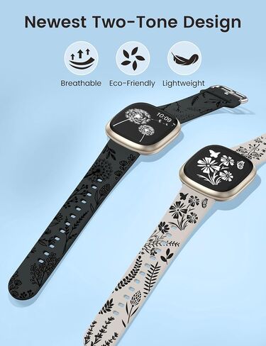 Wearlizer 2 Packs Floral Engraved Band Compatible with Fitbit Versa 4 Bands/Versa 3 Bands/Sense 2/Sense Bands Women, Cute Two-Tone Flower Soft Silicone Sport Strap for Versa 3 4 Sense 2 Watch Band in Kuwait