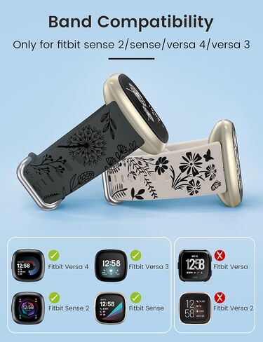 Wearlizer 2 Packs Floral Engraved Band Compatible with Fitbit Versa 4 Bands/Versa 3 Bands/Sense 2/Sense Bands Women, Cute Two-Tone Flower Soft Silicone Sport Strap for Versa 3 4 Sense 2 Watch Band in Kuwait