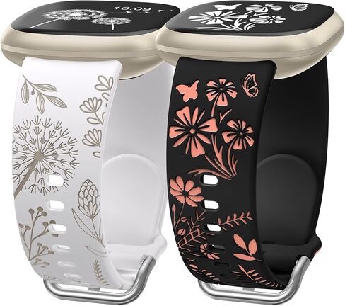 Wearlizer 2 Packs Floral Engraved Band Compatible with Fitbit Versa 4 Bands/Versa 3 Bands/Sense 2/Sense Bands Women, Cute Two-Tone Flower Soft Silicone Sport Strap for Versa 3 4 Sense 2 Watch Band in Kuwait