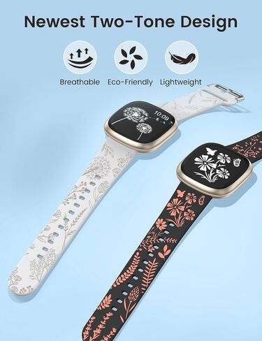 Wearlizer 2 Packs Floral Engraved Band Compatible with Fitbit Versa 4 Bands/Versa 3 Bands/Sense 2/Sense Bands Women, Cute Two-Tone Flower Soft Silicone Sport Strap for Versa 3 4 Sense 2 Watch Band in Kuwait