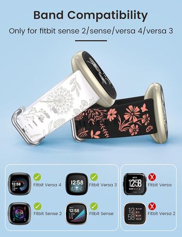 Wearlizer 2 Packs Floral Engraved Band Compatible with Fitbit Versa 4 Bands/Versa 3 Bands/Sense 2/Sense Bands Women, Cute Two-Tone Flower Soft Silicone Sport Strap for Versa 3 4 Sense 2 Watch Band in Kuwait