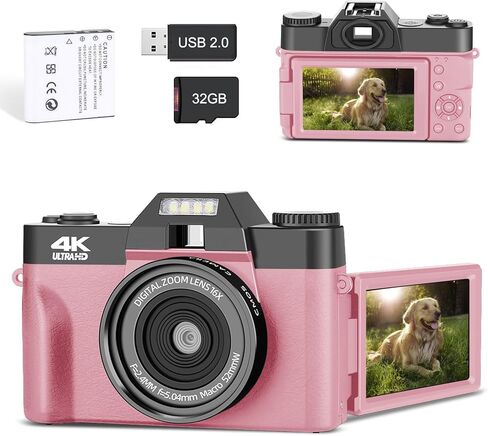 Vlogging Digital Camera with 180° Flip Screen, WiFi, Pink Color, Macro & Wide Angle Lens, App Control, External Microphones, 16X Zoom, 32GB TF Card - Camera for Photography, Vlogging, YouTube in Saudi Arabia