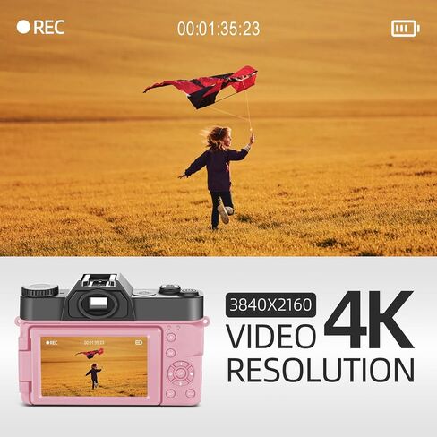 Vlogging Digital Camera with 180° Flip Screen, WiFi, Pink Color, Macro & Wide Angle Lens, App Control, External Microphones, 16X Zoom, 32GB TF Card - Camera for Photography, Vlogging, YouTube in Saudi Arabia
